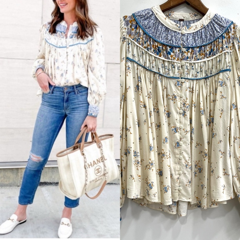 FREE PEOPLE Paloma printed blouse in tea combo prairie mixed media medium
